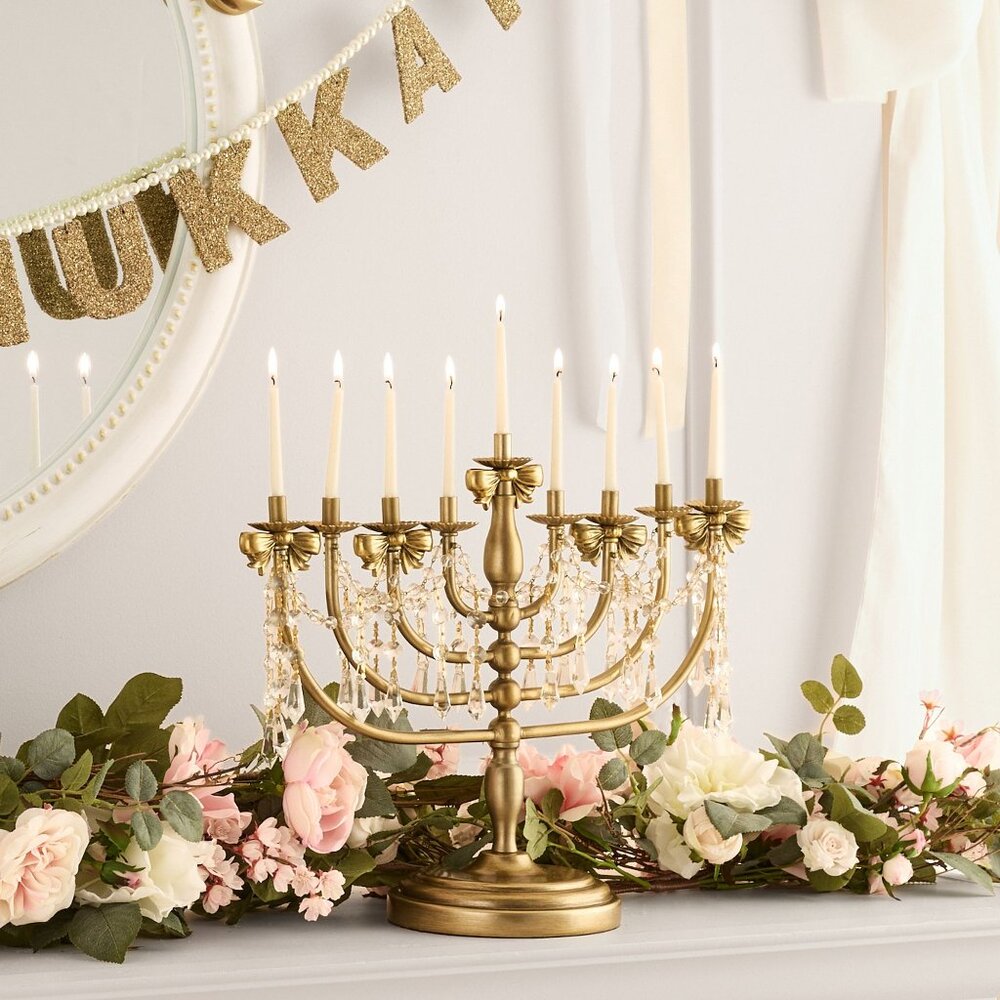 LoveShackFancy Crystal Bow Menorah Gold Hanukah Holiday Candle Holder Decor NIB